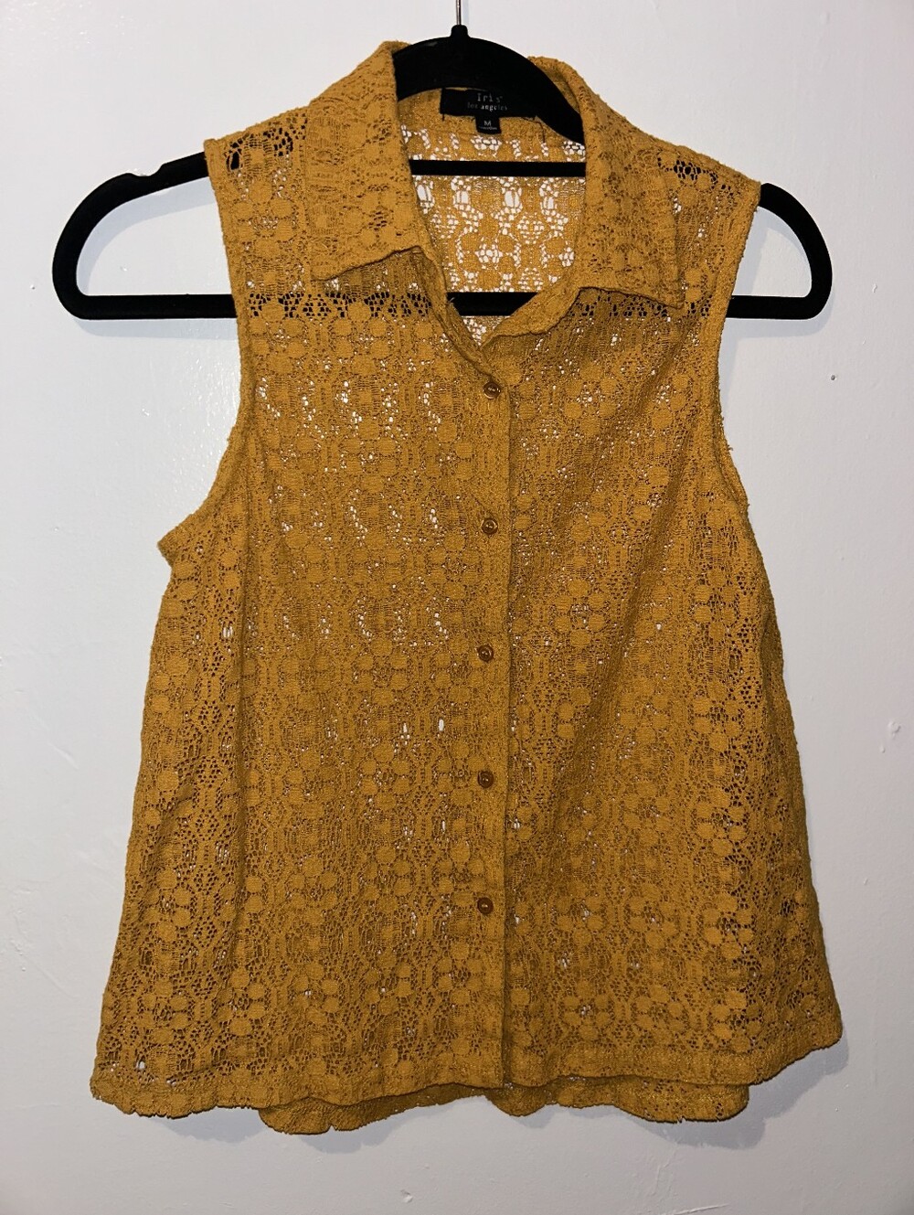 iris Mustard Yellow Crochet Lace Sleeveless Button-Down Top
